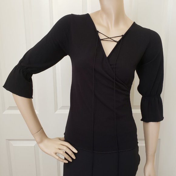 Adjustable Lace Up 3/4 Sleeve Surplice Shirt SZ S Black - Picture 2 of 7
